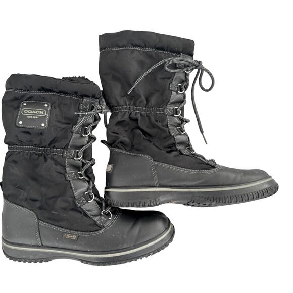 COACH WOMENS BLACK SHAINE BLOCK LOGO WEATHER PROOF BOOTS 7.5 - Picture 1 of 8